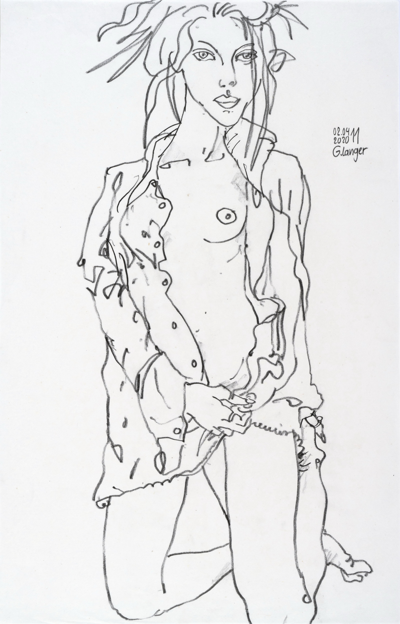 Gunter Langer, Kniendes halb angezogenes Mädchen, 2020, Chinapapier, 70 x 51 cm